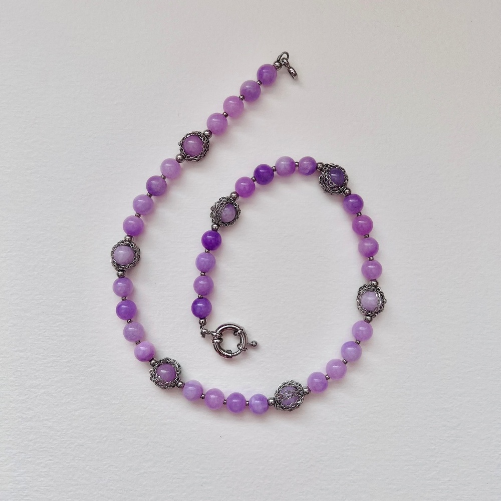 Art nouveau statement necklace with lavender amethyst beads and silver chain